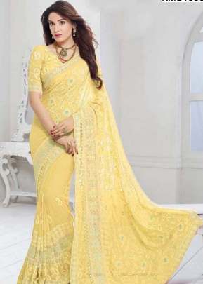 KMS CHIFFON  LEMON YELLOW COLOUR  SAREE WITH RESAM EMBROIDERY WORK