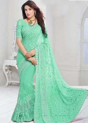 KMS CHIFFON  LIGHT GREEN COLOUR  SAREE WITH RESAM EMBROIDERY WORK