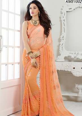 KMS CHIFFON  LIGHT ORANGE  COLOUR  SAREE WITH RESAM EMBROIDERY WORK