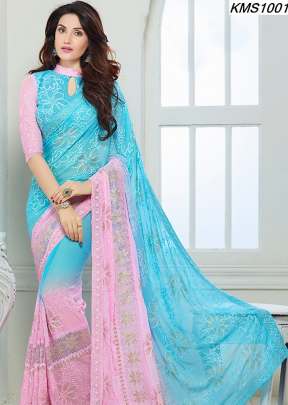 KMS CHIFFON  LIGHT PINK & SKY BLUE COLOUR  SAREE WITH RESAM EMBROIDERY WORK