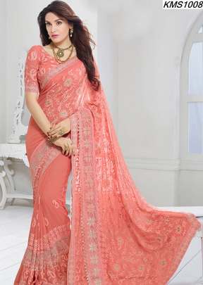 KMS CHIFFON  PEACH  COLOUR  SAREE WITH RESAM EMBROIDERY WORK