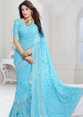 KMS CHIFFON  SKY BLUE COLOUR  SAREE WITH RESAM EMBROIDERY WORK