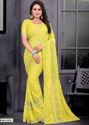 KMS HIT COLOR VOL-2 CHIFFON LEMON YELLOW  COLOR SAREE WITH EMBROIDERY WORK