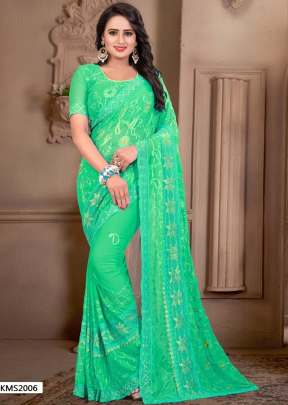 KMS HIT COLOR VOL-2 CHIFFON LIGHT GREEN COLOR SAREE WITH EMBROIDERY WORK