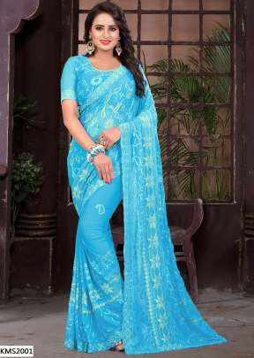 KMS HIT COLOR VOL-2 CHIFFON SKY BLUE COLOR SAREE WITH EMBROIDERY WORK