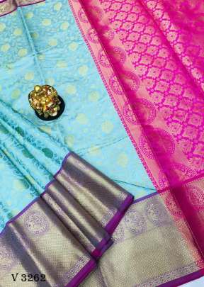 Kanchipuram Pattu Silk Light Blue Saree By Surati Fabrics