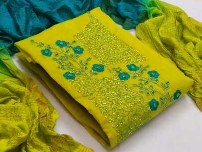 Khatli Work Lemon Yellow   Rama Color Dress Material