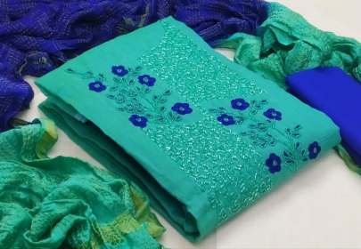 Khatli Work Magenta   Blue Color Dress Material
