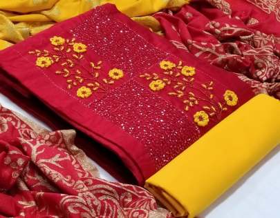 Khatli Work Red   Yellow Color Dress Material