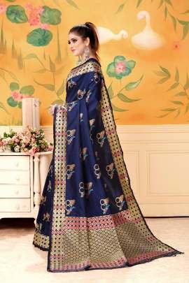 Lichi Silk Printed Saree  With Champion yogeshwari Royal Blue