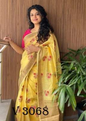 Linen  Cotton Saree In Yellow  Color By Ankita Flower
