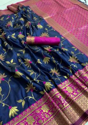 Lotus incredible weaved pure katan silk Navy Blue Color sarees
