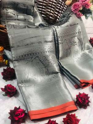 Maharaja Lichi Silk With Wiving Silver Zari Grey