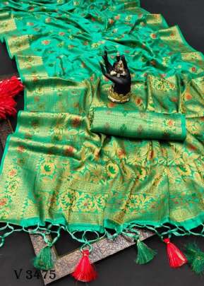 Meenakari Saree In Neon Green Color By Surati Fabric