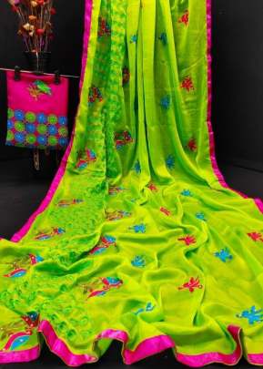 Moss Chiffon With Beautiful Embroidery Work Light Green Color Saree 