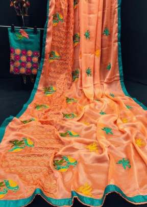 Moss Chiffon With Beautiful Embroidery Work Light Orange  Color Saree 