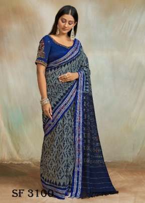 Mul Mul Cotton Saree In Grey & Blue Color By S R 