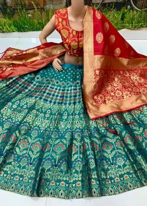 Multi desing Brocade  fabric Rama & Red colour lehengha with inner , cancan & canvas
