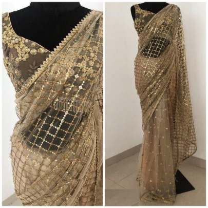 NET WITH HEAVY SEQUENCE WORK AND TRIAGLE LACE