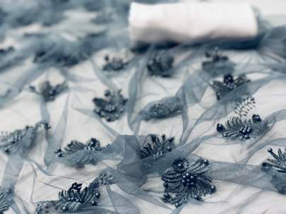 NET WITH MOTI AND EMBROIDERY GREY COLOR
