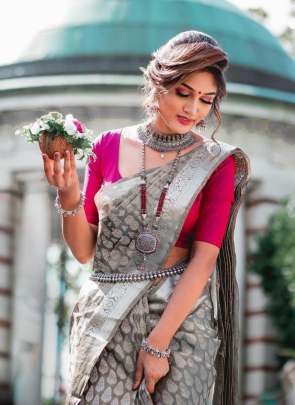 NEW KANCHIPURAM SILK SAREE IN HOT GREY COLOR WITH AMAZING BUTTAS OF SILVER ZARI 