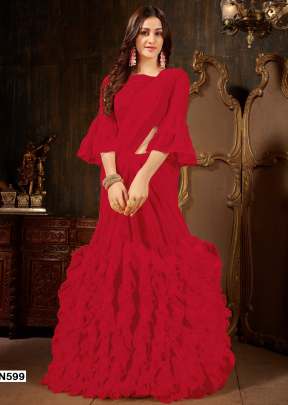 NEW ROOHI RUFFLE VOL-2 GEORGETTE SAREE IN ROYAL RED COLOR