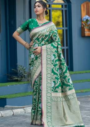 NEW SOFT BANARASI SILK WEAVING SAREE IN DARK GREEN COLOR