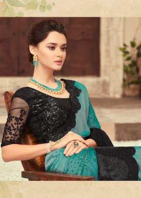 Net Saree For Parties With Black Big Net Border In Rama Color