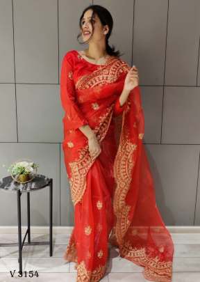 Organza Saree In Imperial Red Color By Surati Fabric