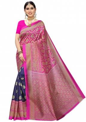 PINK & NAVY BLUE ART SILK PRINTED SOLID DESIGN WITH  BORDER