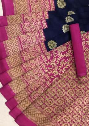 PINK & NAVY BLUE ART SILK PRINTED SOLID DESIGN WITH  BORDER