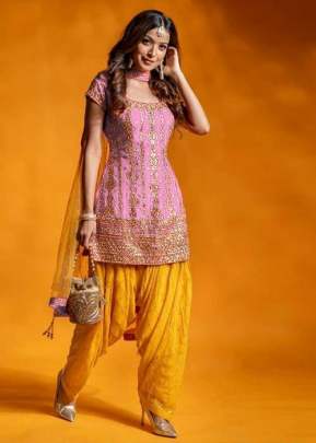 PRESENTING  NEW  TOP DHOTI WITH DUPATTA  EMBROIDERY WORK PINK AND YELLOW.