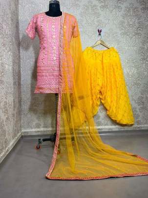 PRESENTING  NEW  TOP DHOTI WITH DUPATTA  EMBROIDERY WORK PINK AND YELLOW.