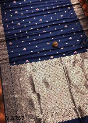 Pari Lichi Silk Saree with Broad Golden Border In Navy Blue Color By Surati Fabric 