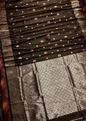 Pari Lichi Silk Saree with Broad Golden Border In Coffee Color By Surati Fabric 
