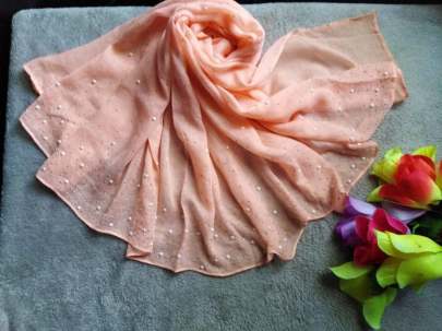 Pure Georget With White Moti Stone Light Orange Colour Saree