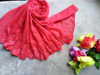 Pure Georget With White Moti Stone Light Red Colour Saree