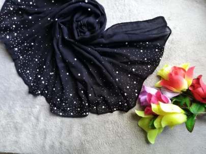 Pure Georget With White Moti Stone Black Colour Saree