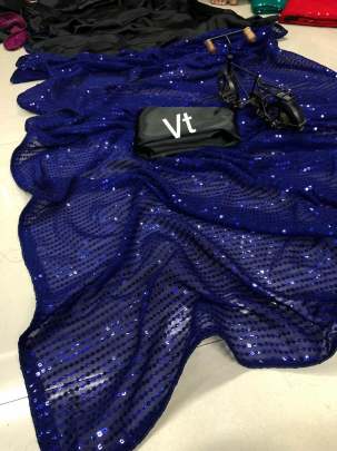 Pure Georrgte With Sequnce Work And Pure Satin Black Blue