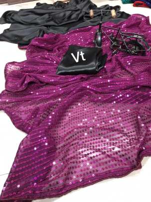 Pure Georrgte With Sequnce Work And Pure Satin Black Purple