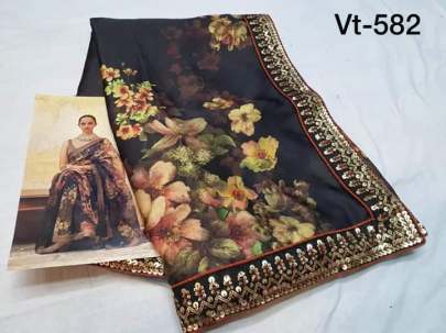 Pure Vichitra Silk With digital Printed Coffee