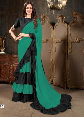 ROOHI RUFFLE PARTY WEAR GEORGETTE SAREES IN RAMA COLOR 