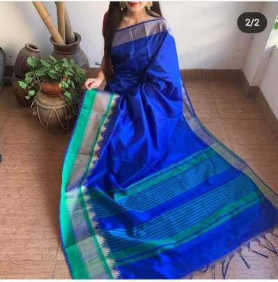 Raw Silk With Khadi Weaving Pallu  n Zari Satin Blue