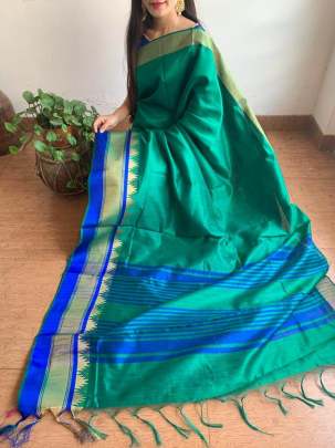 Raw Silk With Khadi Weaving Pallu  n Zari Satin Green