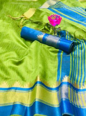 Raw Silk With Khadi Weaving Pallu  n Zari Satin Light Green