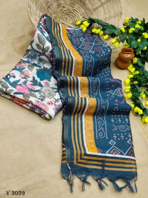Royal Blue And White Color Zara Linen Cotton Printed Saree