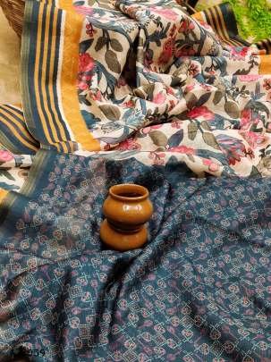 Royal Blue And White Color Zara Linen Cotton Printed Saree