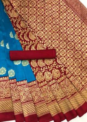 SKY BLUE & RED COLOR ART SILK PRINTED SOLID DESIGN WITH  BORDER