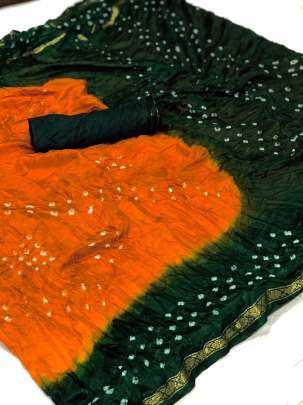 Silk With Zari Pati New Bandhani  Orange