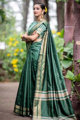 Soft Raw Silk Weaving Green Colour Saree
